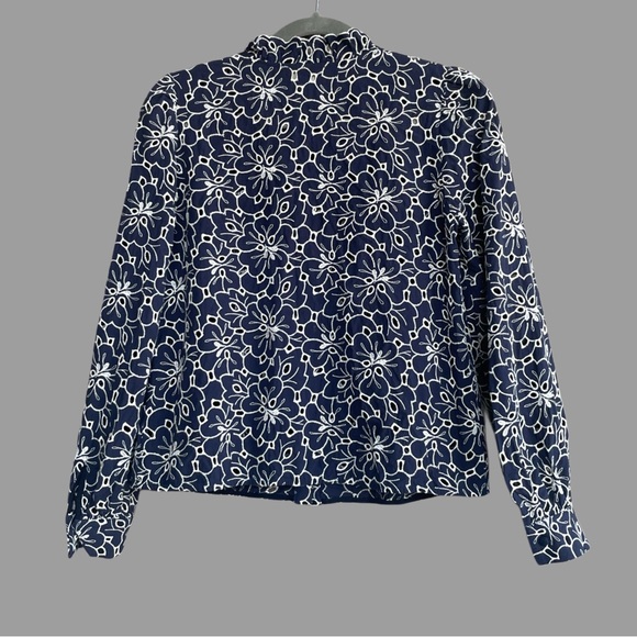 SEZANE Navy Blue White Eyelet Embroidered Floral Button Down Mathilda Blouse Top - Picture 10 of 12